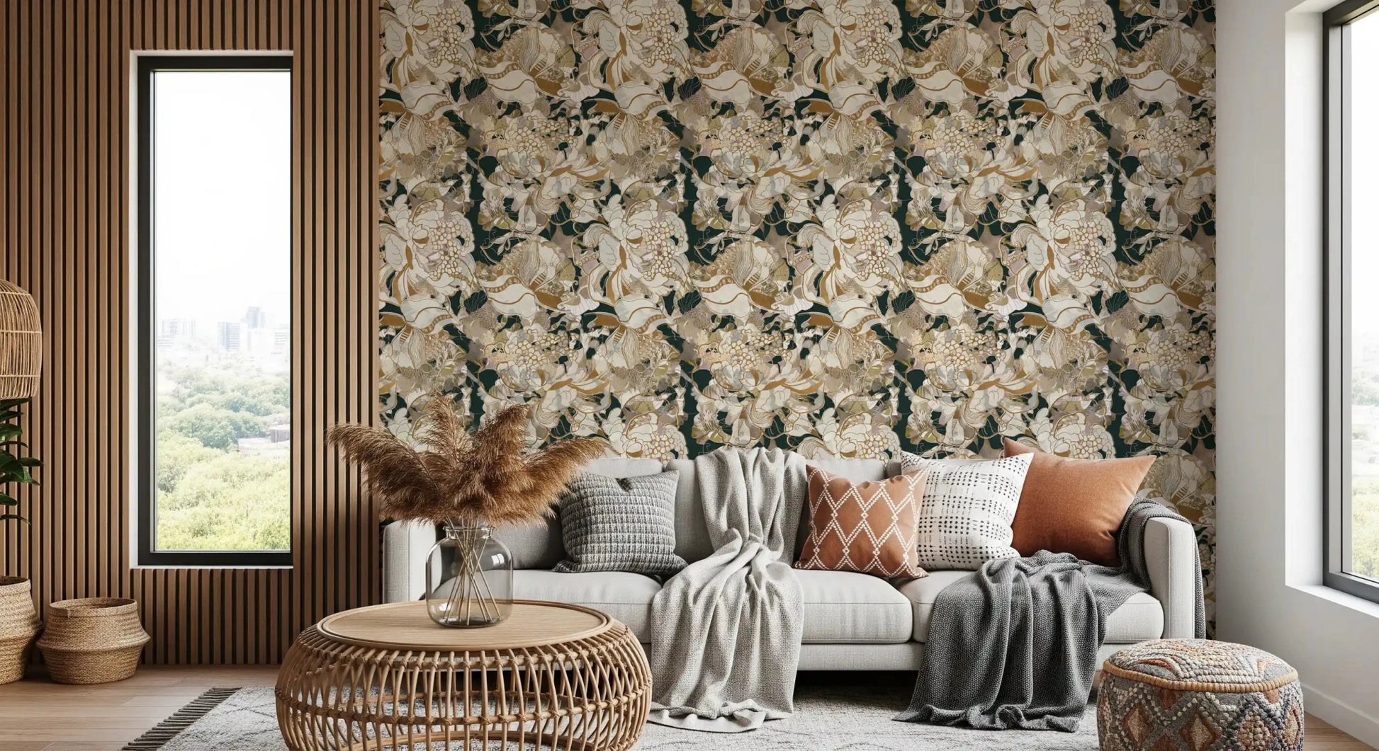 Living room with Dark Botanical Peony wallpaper and layered floral detail