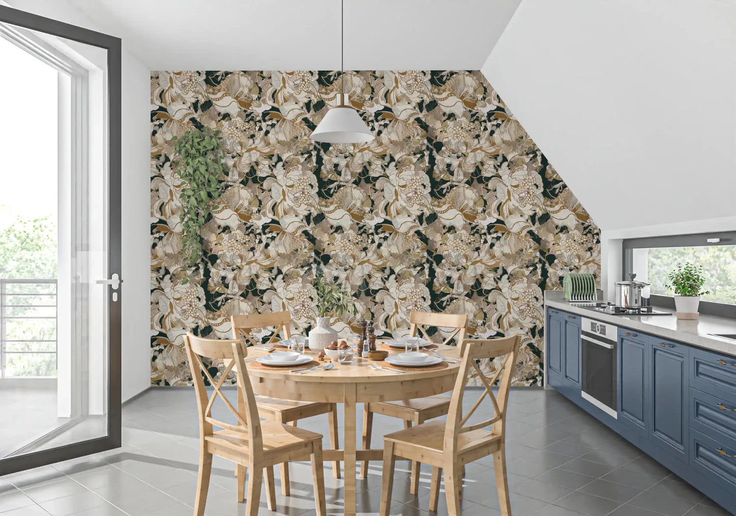 Dark Botanical Peony wallpaper with large beige blossoms and muted leaves