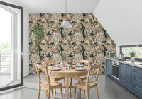 Dark Botanical Peony wallpaper with large beige blossoms and muted leaves