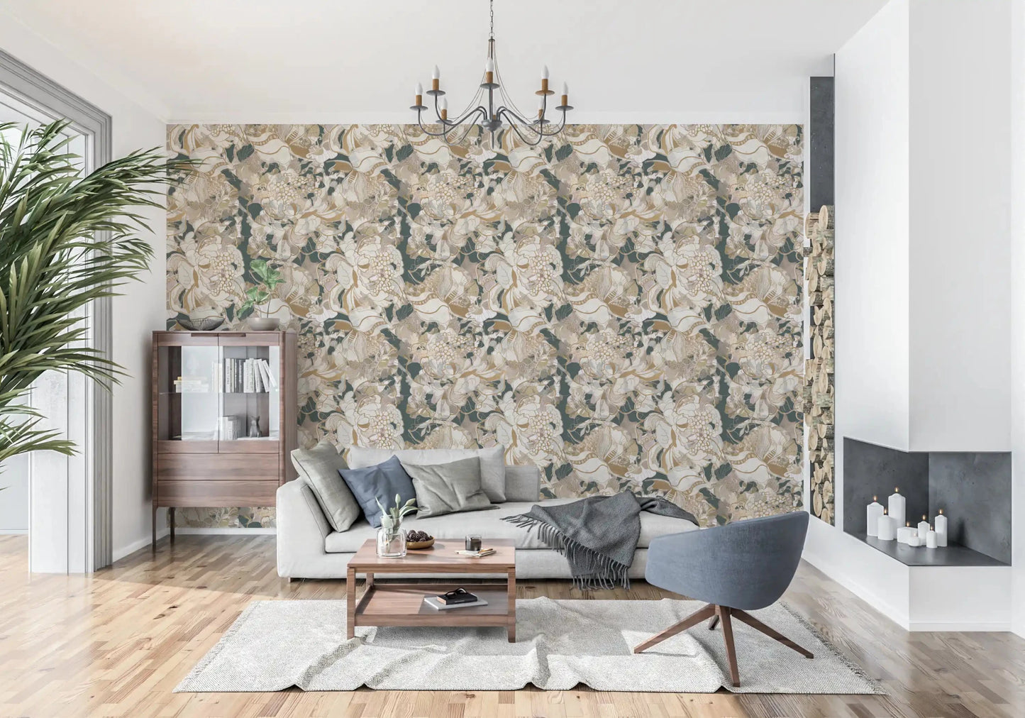 Beige bloom wallpaper showing Dark Botanical Peony pattern work
