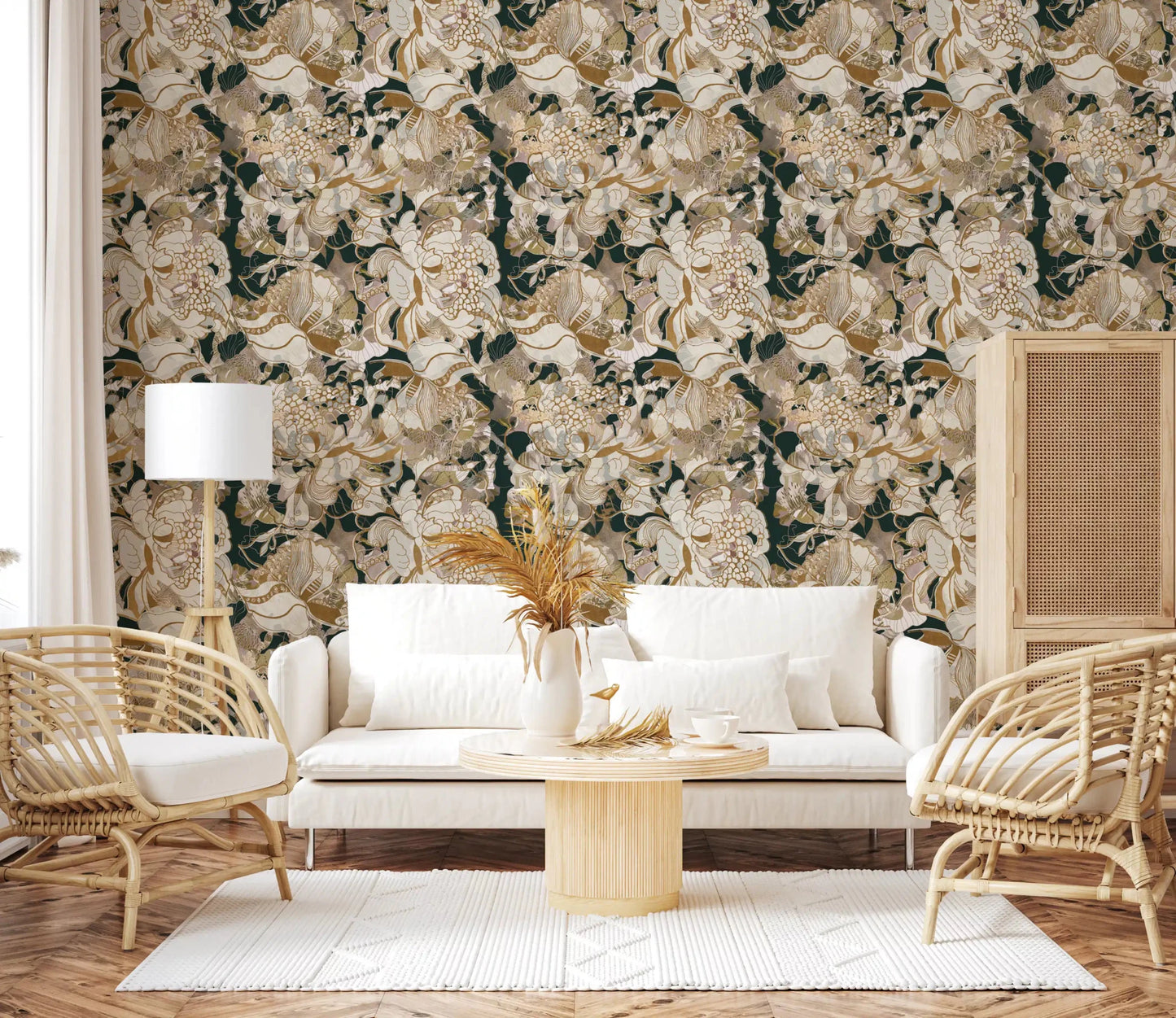 Floral wallpaper with Dark Botanical Peony styling and rich contrast