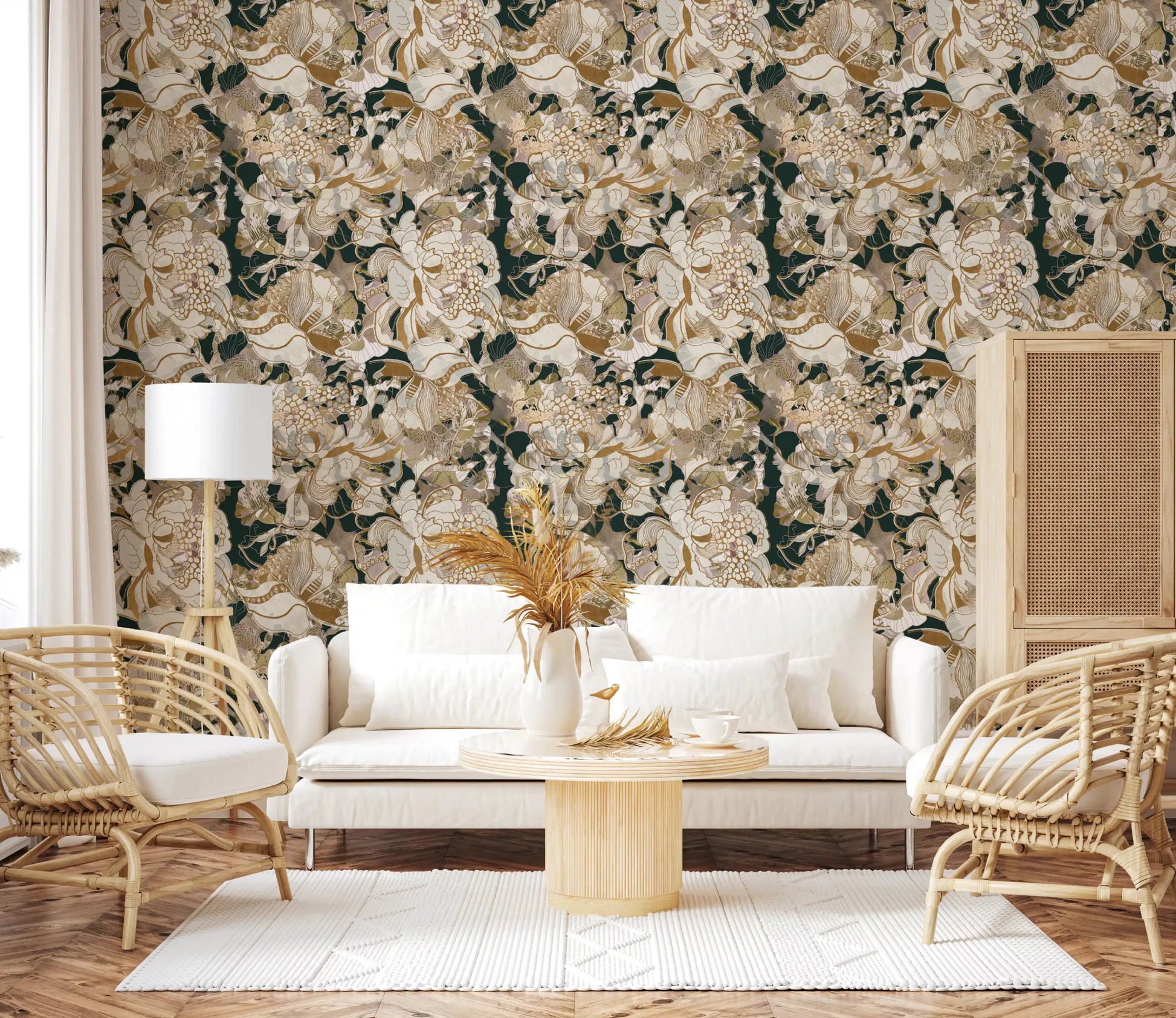 Floral wallpaper with Dark Botanical Peony styling and rich contrast
