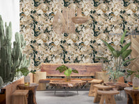 Cafe area styled in Dark Botanical Peony wallpaper with soft beige blooms