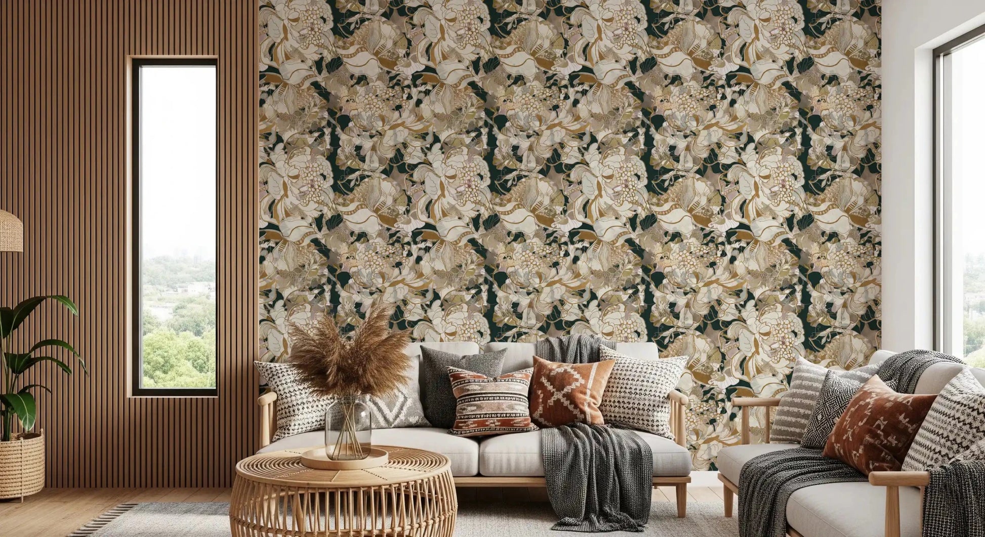Hallway featuring Dark Botanical Peony wallpaper and leafy pattern