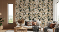 Hallway featuring Dark Botanical Peony wallpaper and leafy pattern
