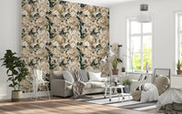 Dark Botanical Peony wallpaper with detailed petals and foliage accents