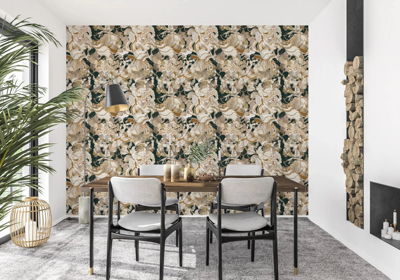 Dining room wall with Dark Botanical Peony wallpaper in a moody floral print