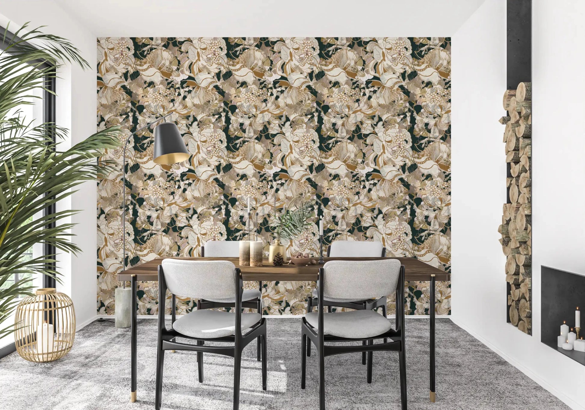 Dining room wall with Dark Botanical Peony wallpaper in a moody floral print