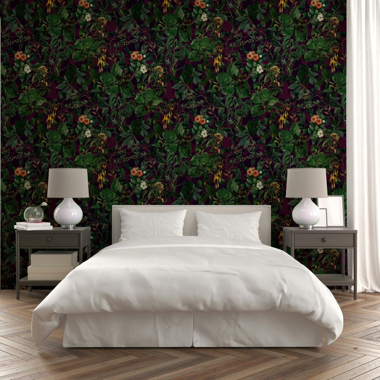Botanical wallpaper for a living room.
