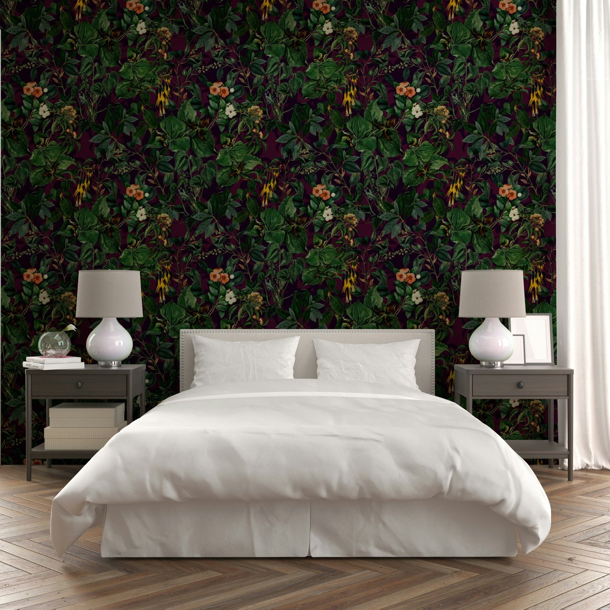 Botanical wallpaper for a living room.
