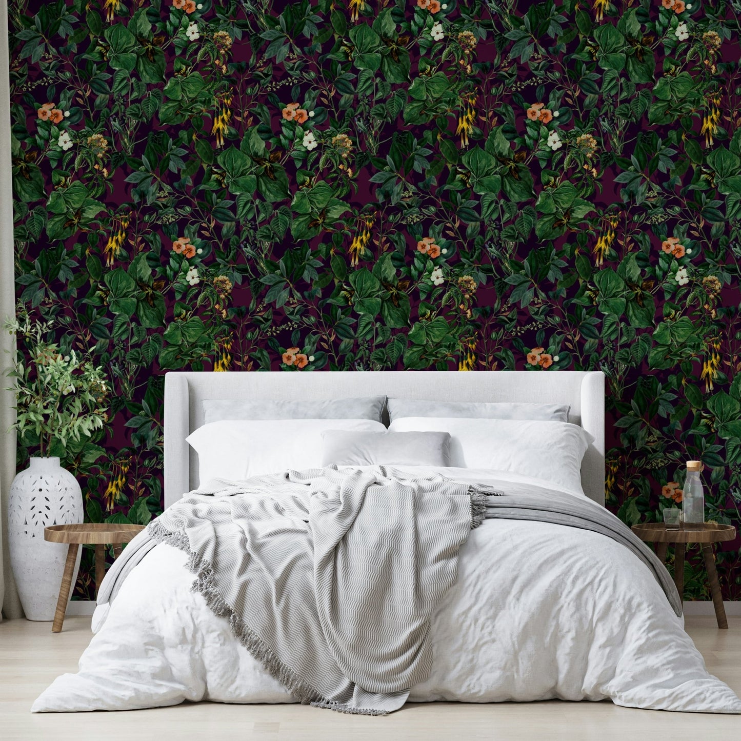 Dark floral and leaf wallpaper.
