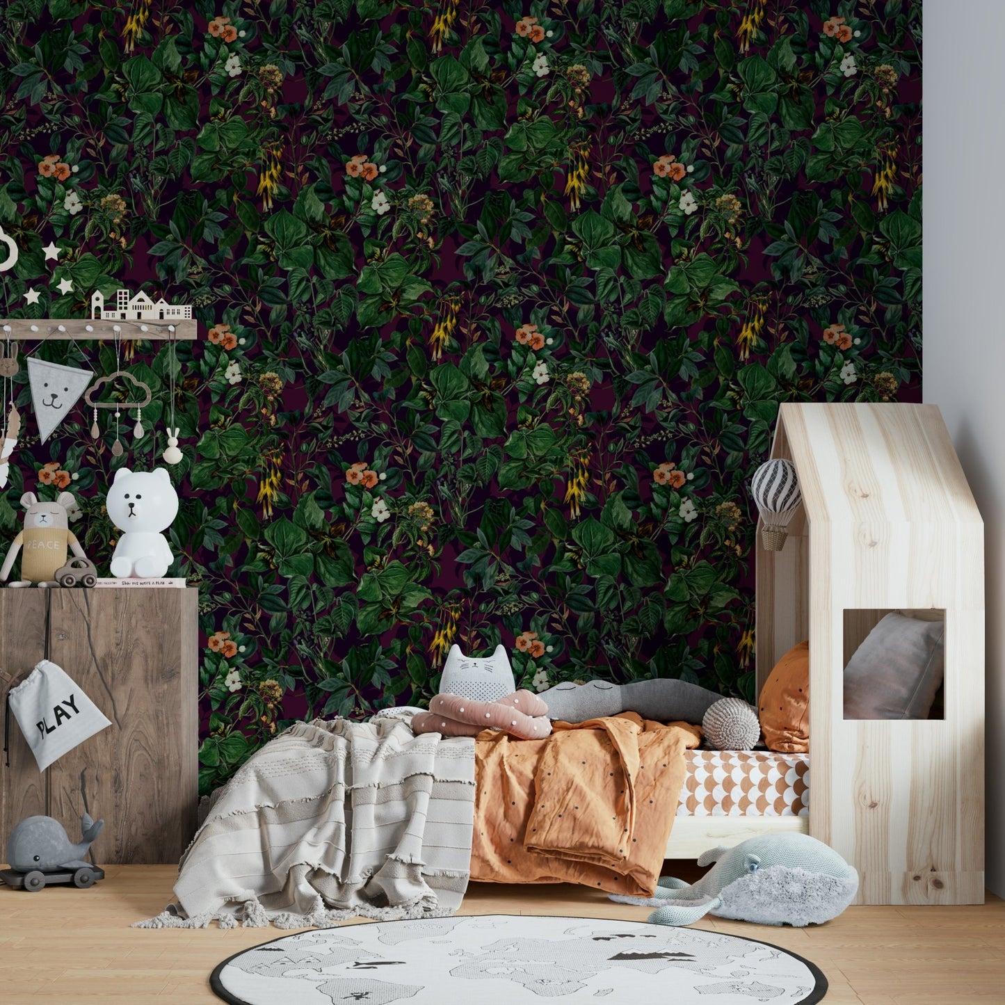 Wall mural with a lush, dark pattern.
