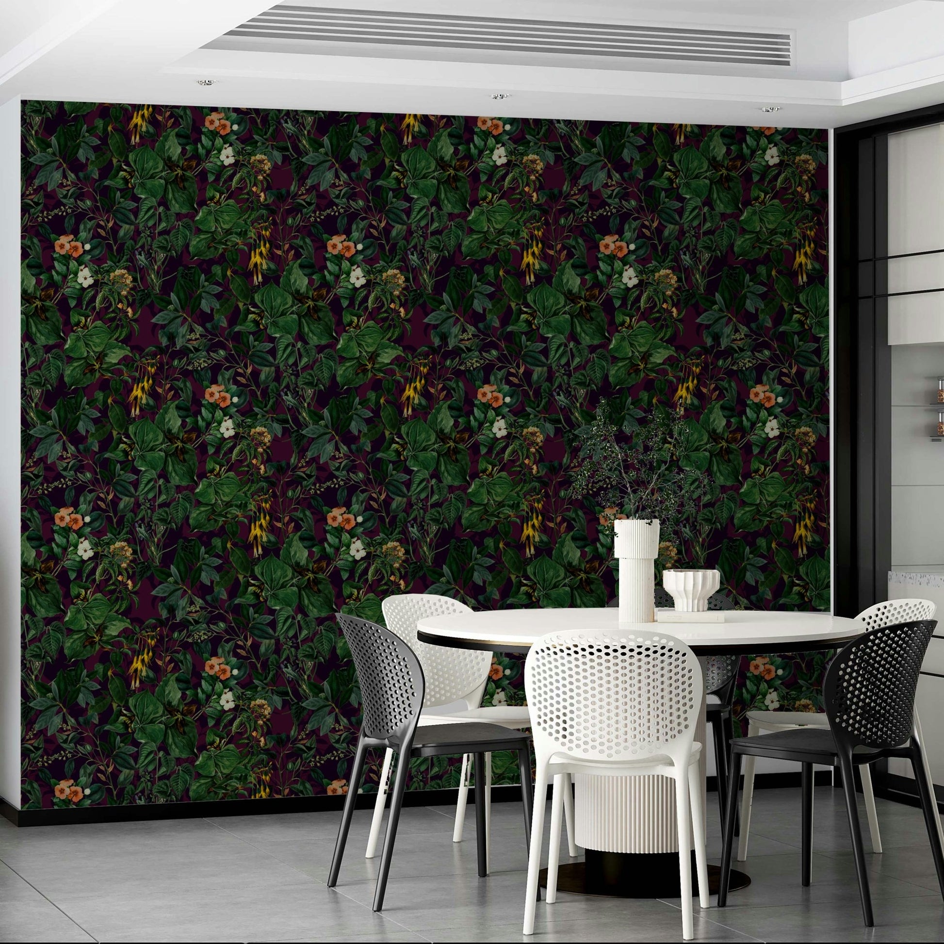 Dark botanical wall mural.
