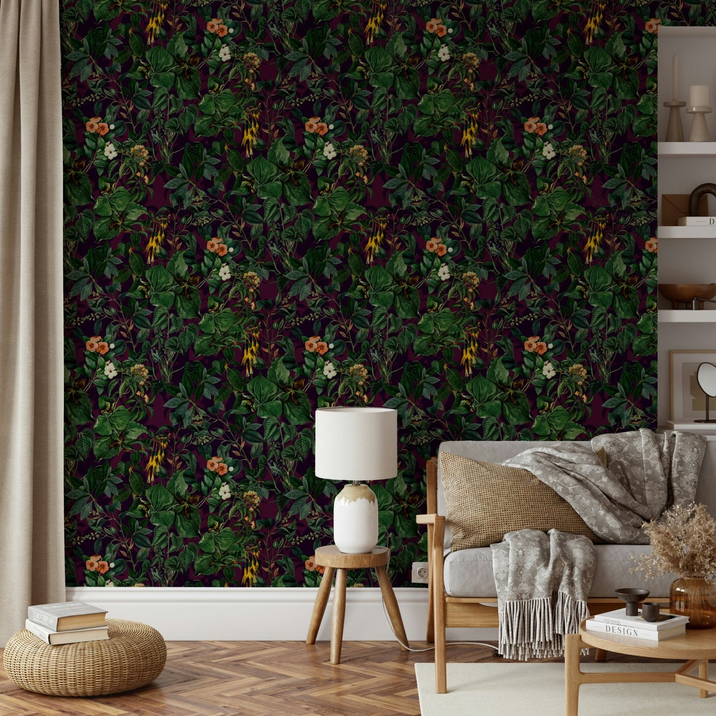 Mural of leaves and vines on a dark background.
