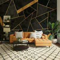 Elegant wall mural with a rich charcoal and gold color palette

