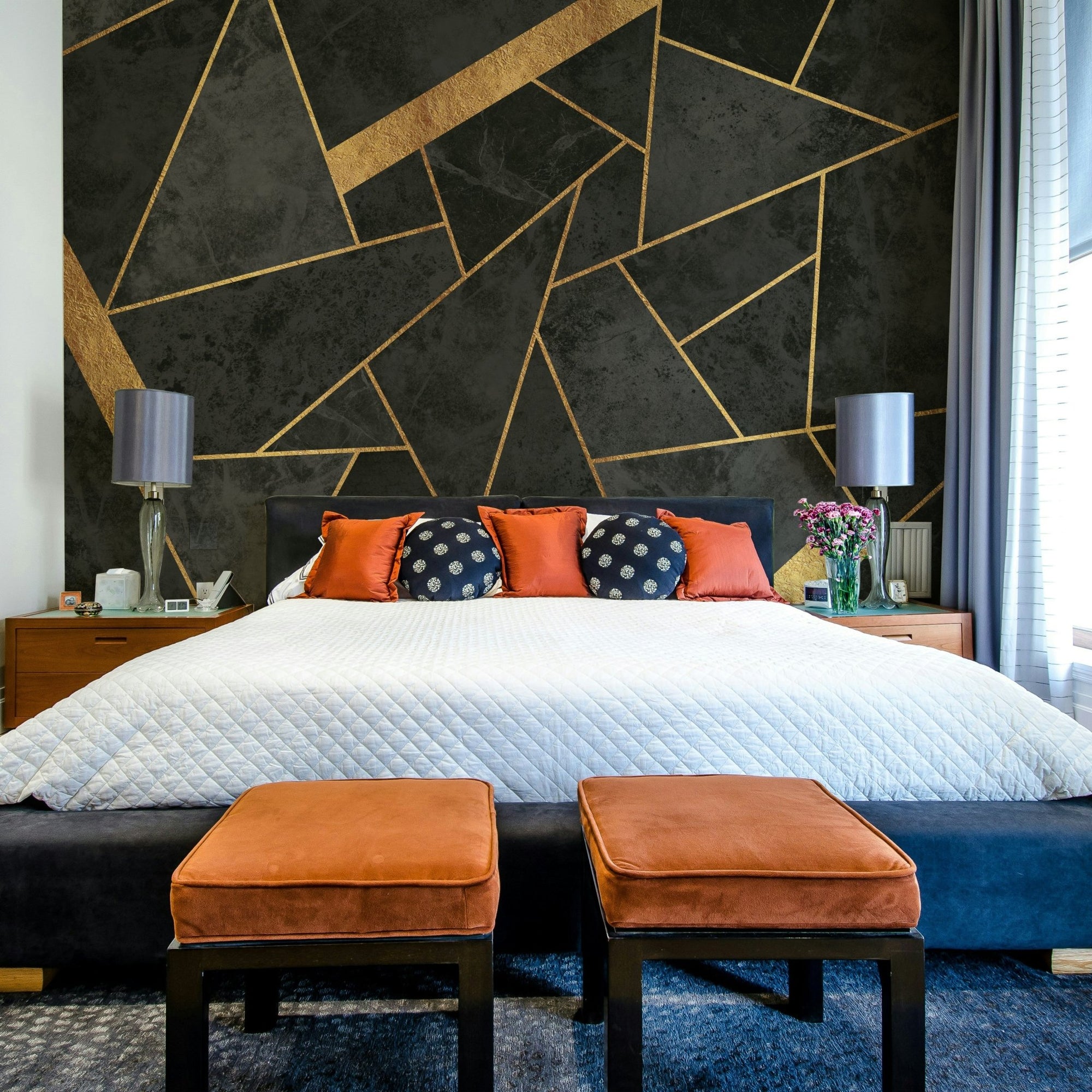 Dark Charcoal and Soft Gold Mosaic Wall Mural with intricate design, GD2528