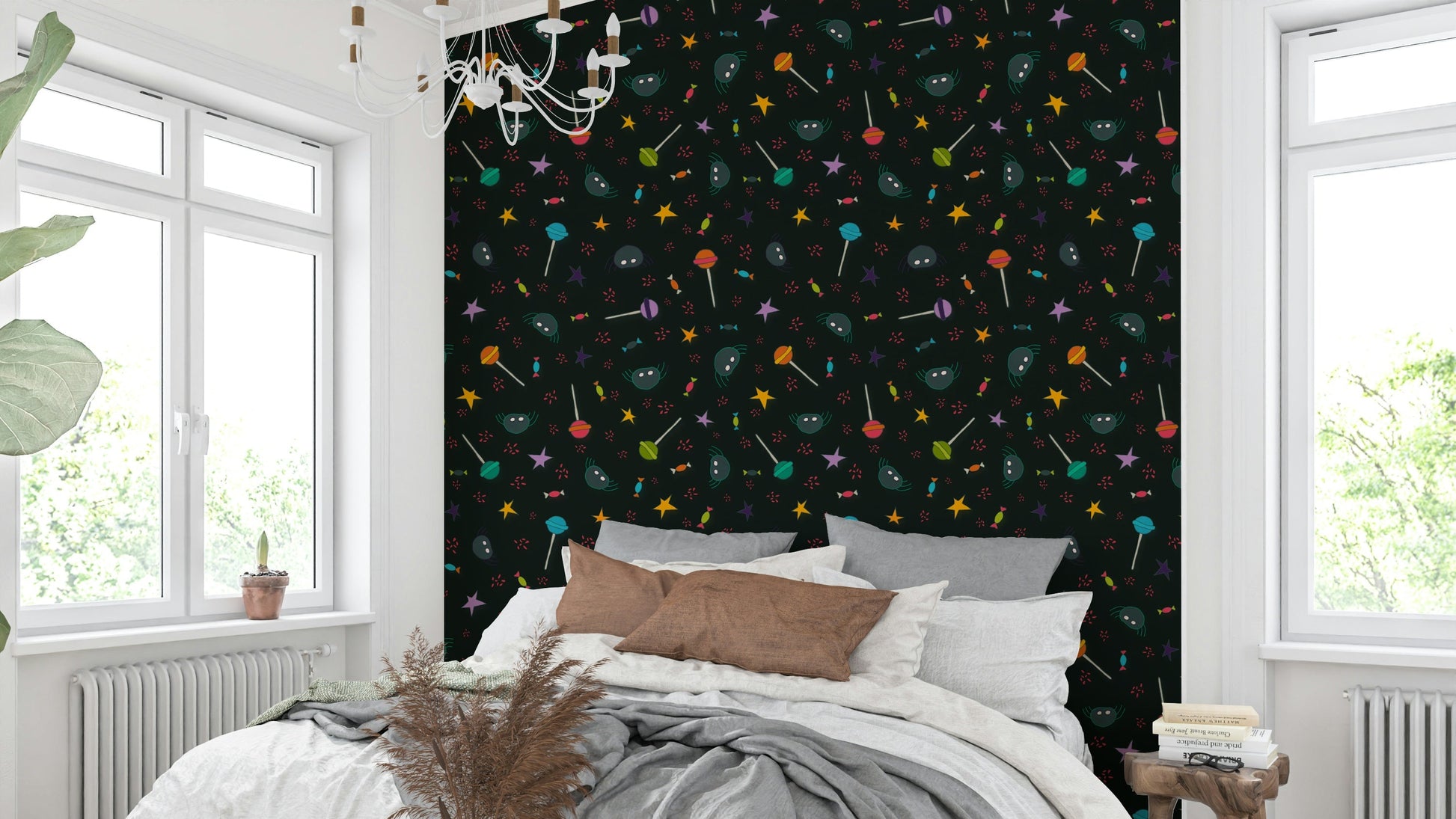 Detailed view of the abstract, hand-drawn stars and planets

