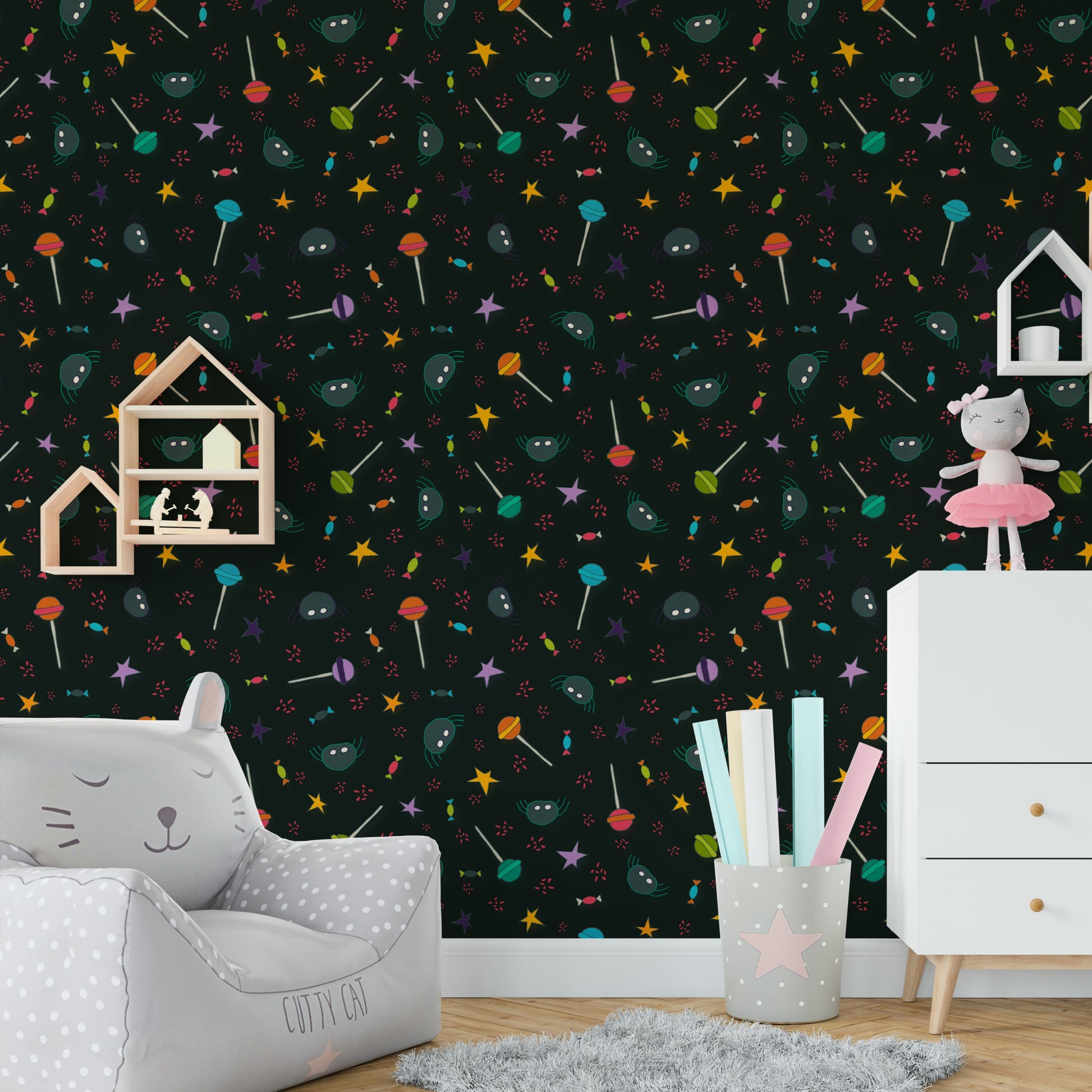 A playroom with a unique dark cosmic design

