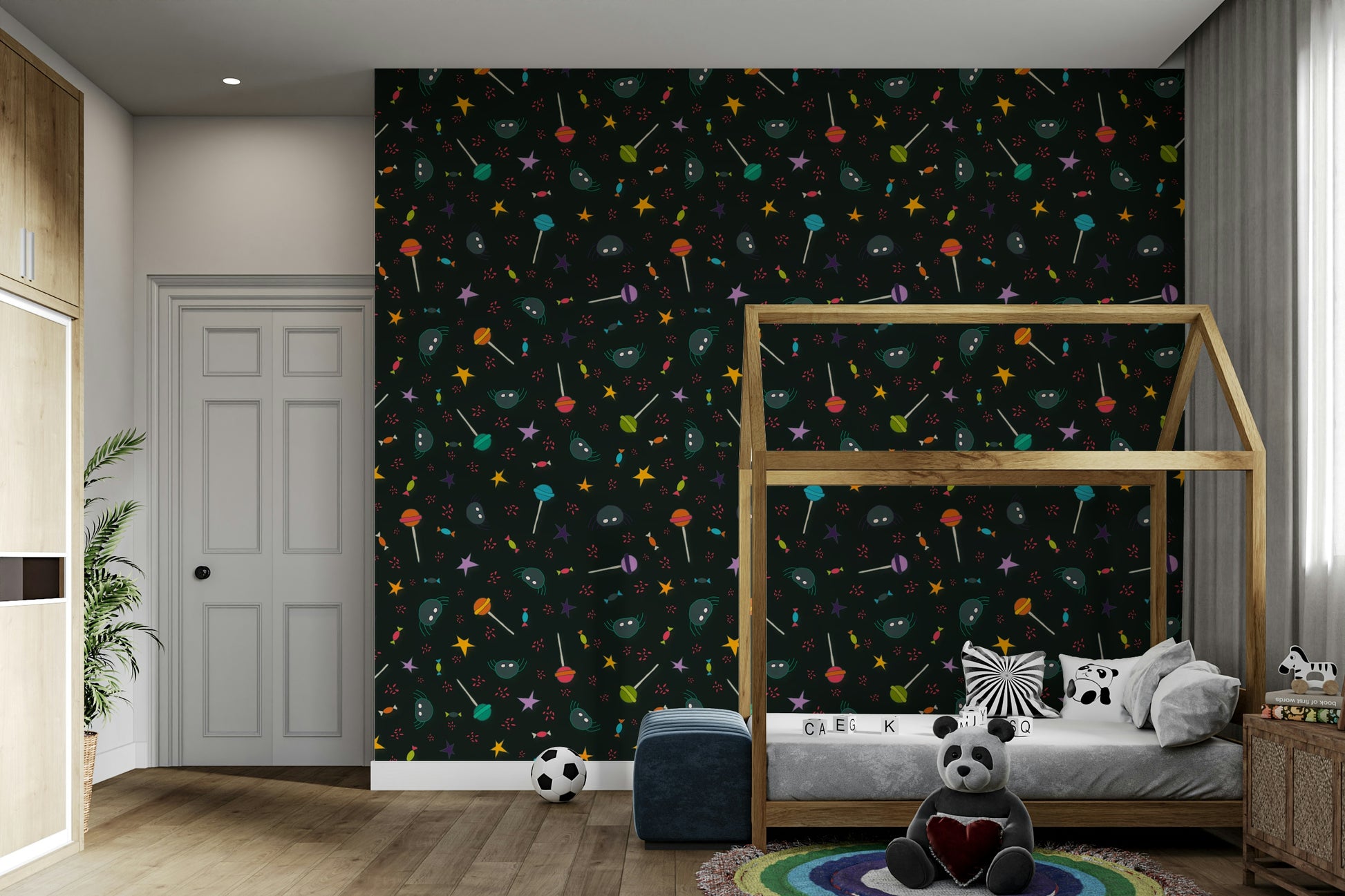 An interior with a fun and magical accent wall

