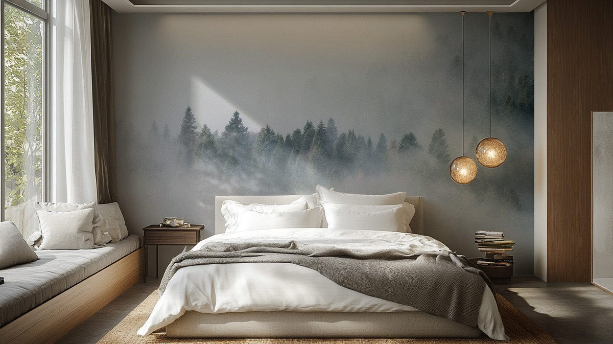 Dark foggy pine forest wallpaper mural for walls Forest-01
 