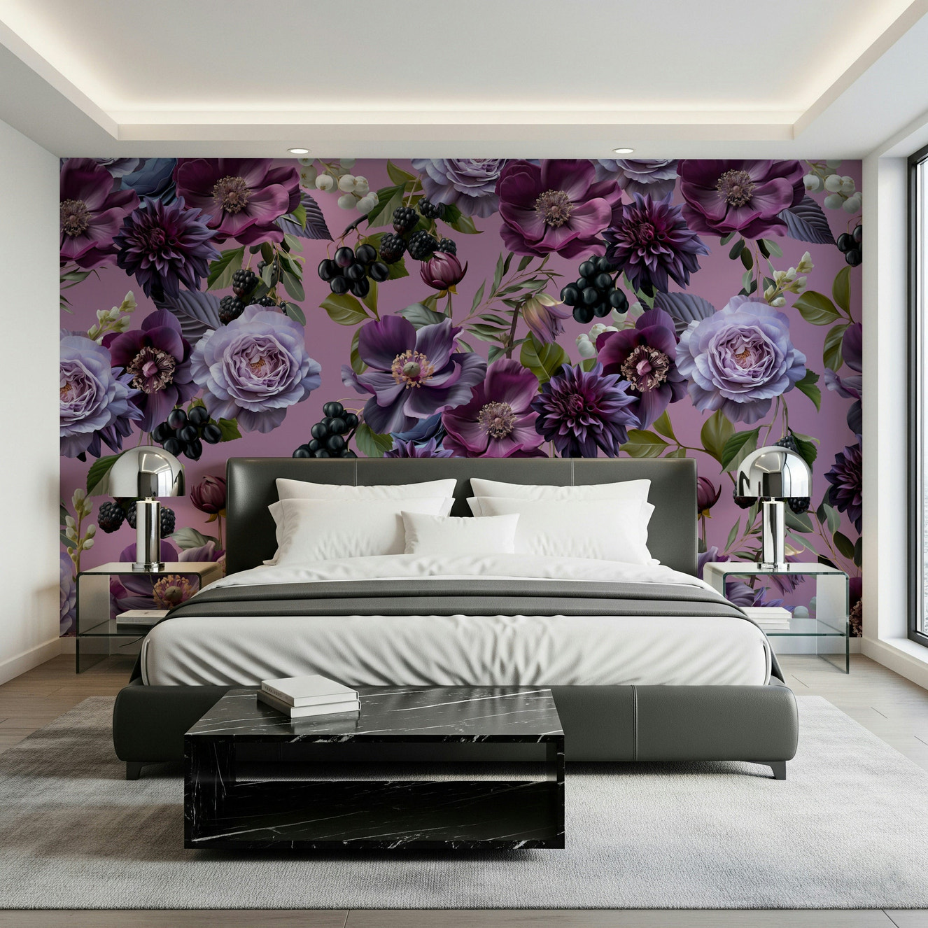 A beautiful dark floral wallpaper mural for a luxurious home.

