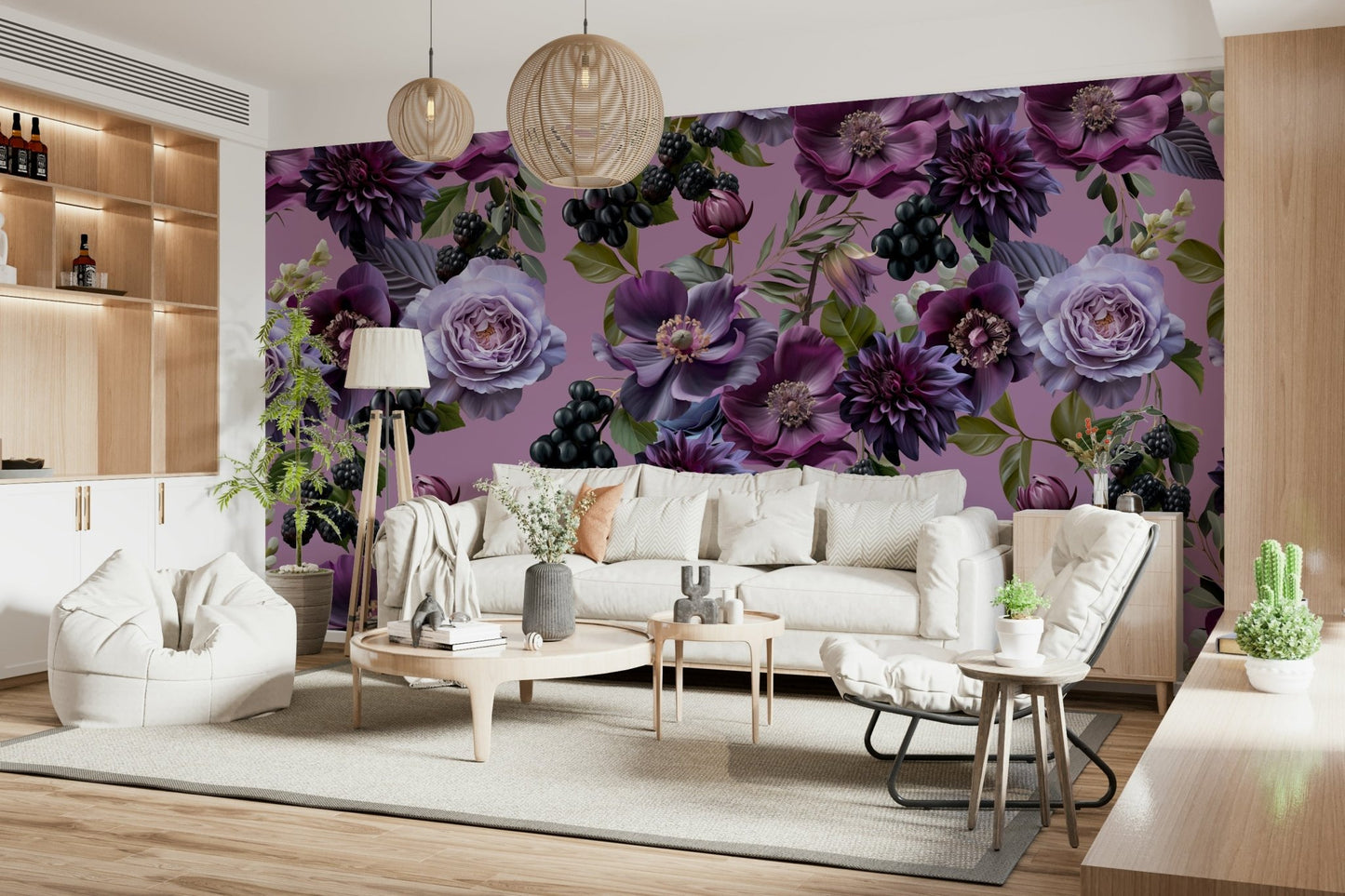 A graceful subtle bloom wall mural in dramatic colors.

