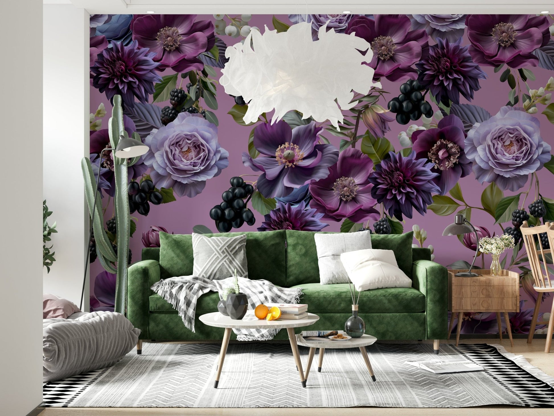 A serene subtle flower wall mural in rich, deep tones.


