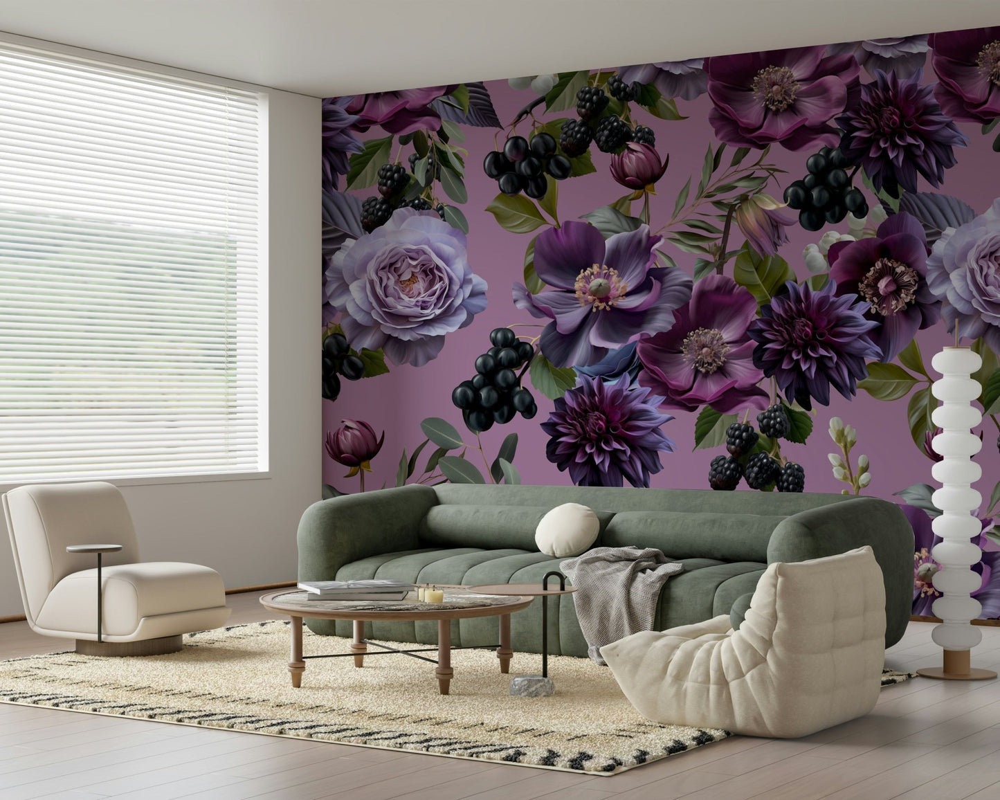A contemplative dark floral wallpaper mural for a feature wall.


