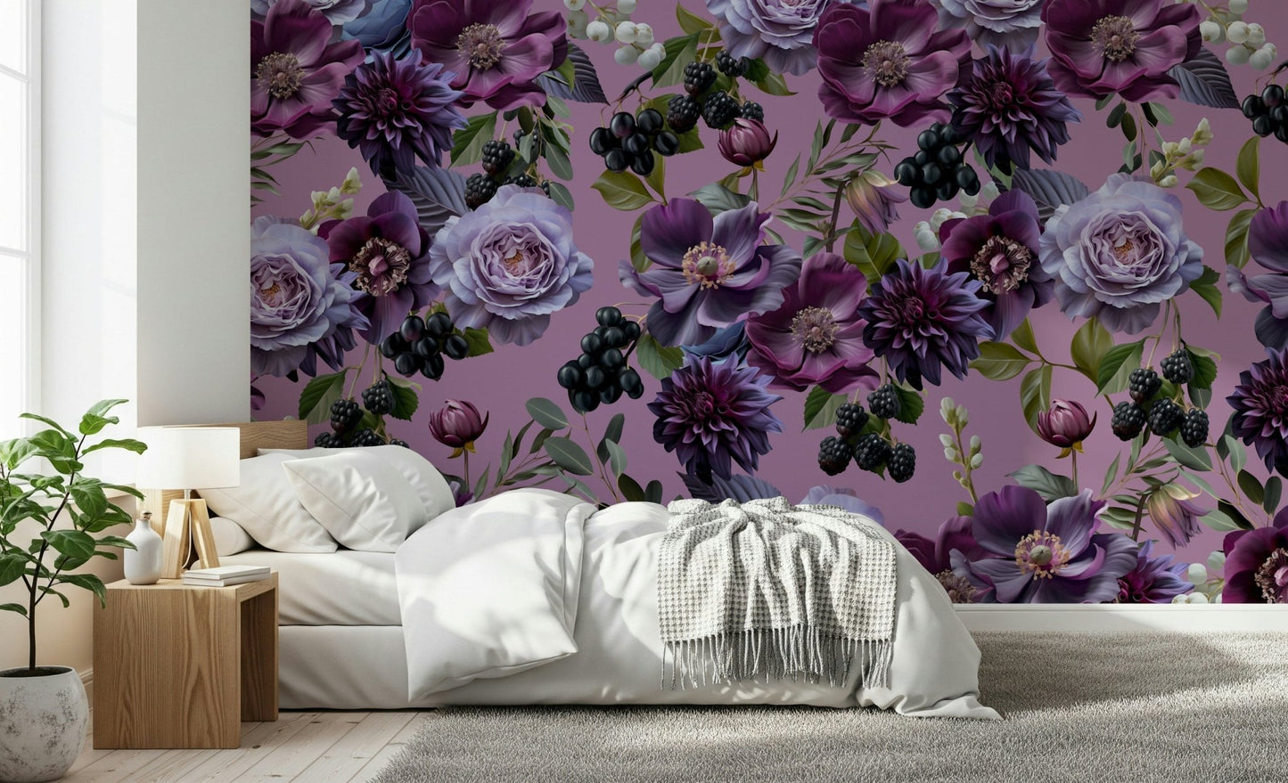 An artistic elegant bloom mural on luxury wallpaper.

