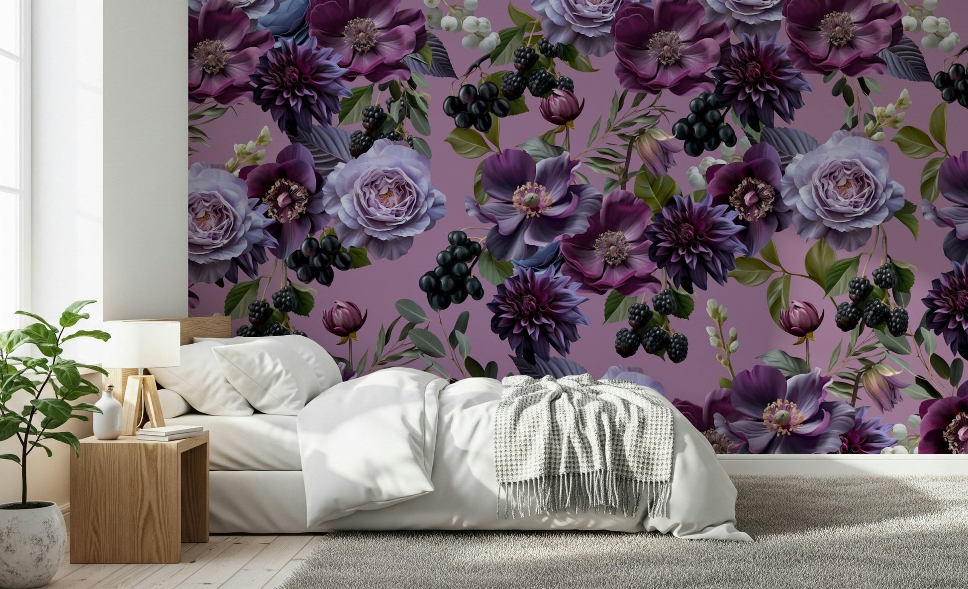 An artistic elegant bloom mural on luxury wallpaper.


