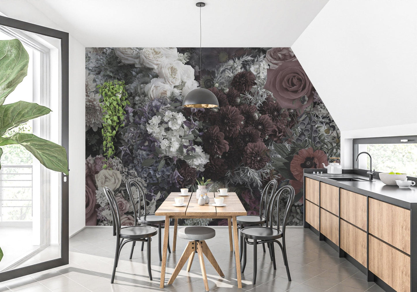 Chic dark floral mural wallpaper with vintage vibes A803