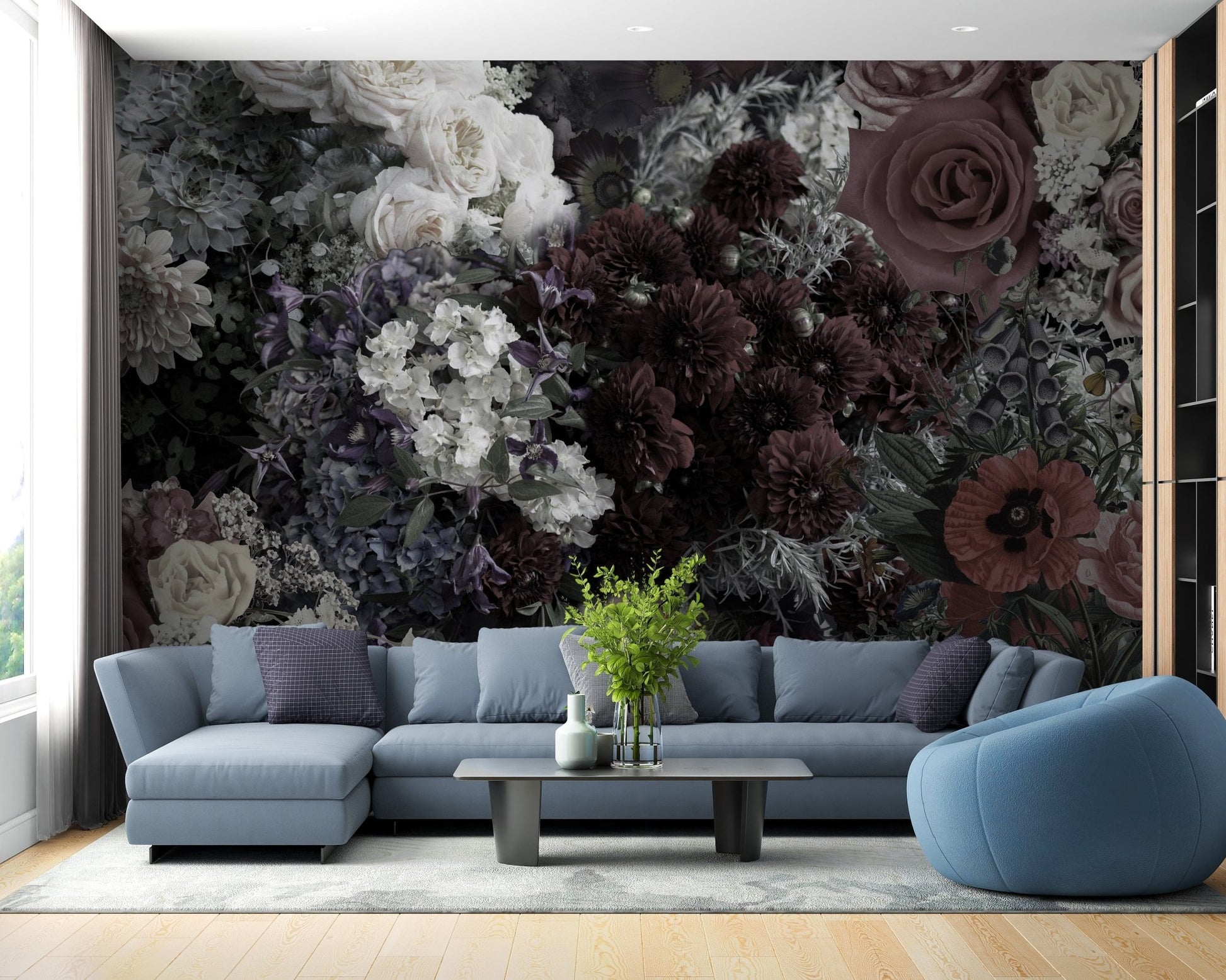 Luxurious dark floral wallpaper mural for statement walls A803