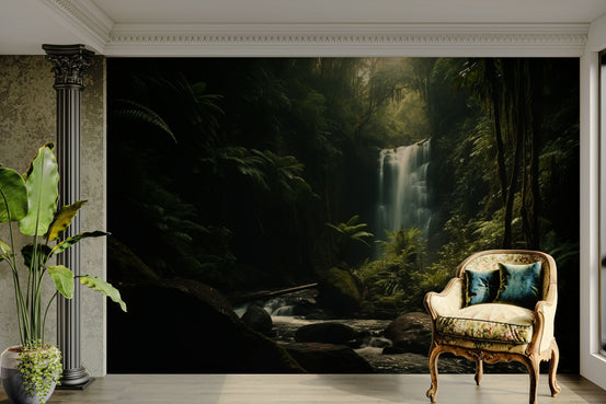 A beautiful dark forest wallpaper mural with a waterfall., GD5111