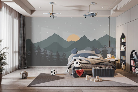 Dark gray kids wallpaper with nature themes mountain-29
