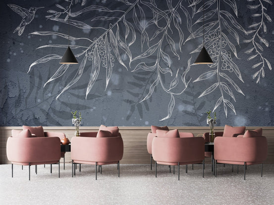 Dark Gray Hummingbird Leaves Shadow Wallpaper A182