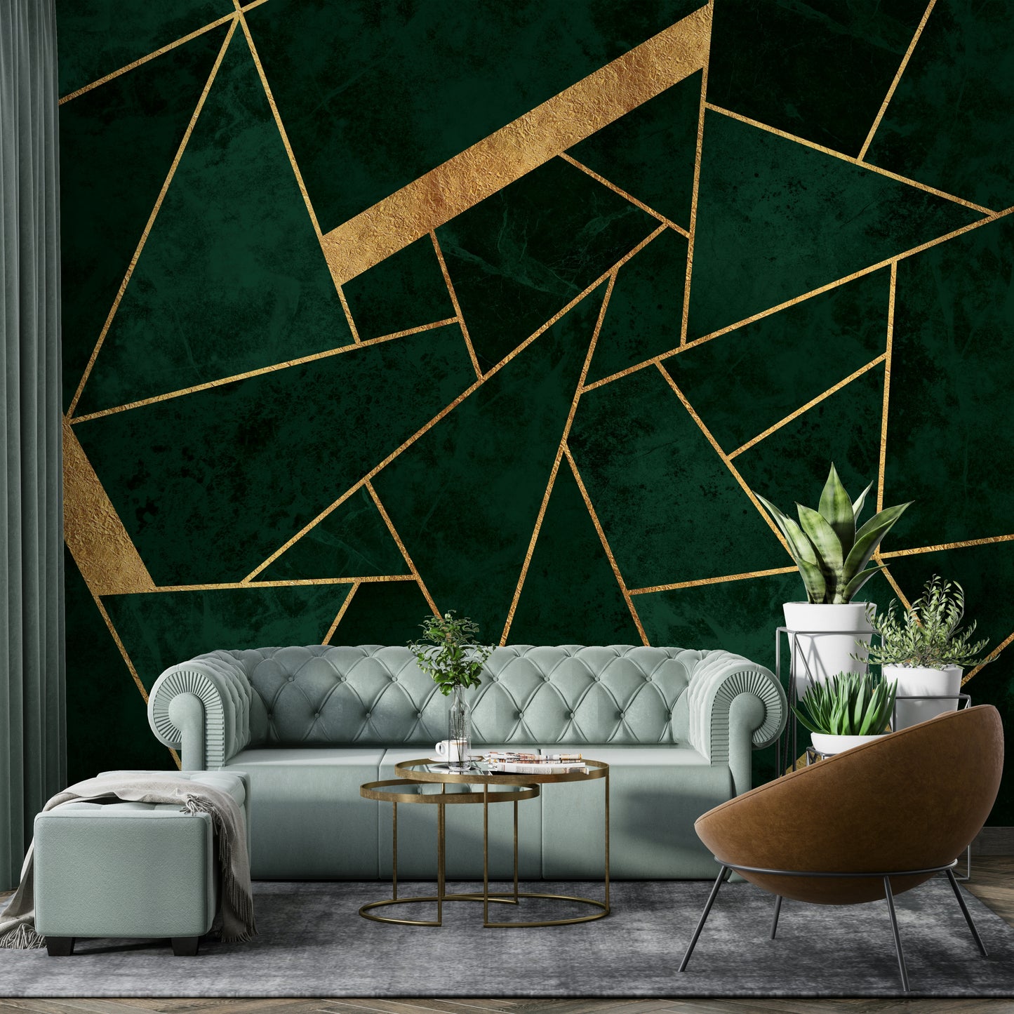 Dark Green Emerald and Gold Mosaic Wall Mural