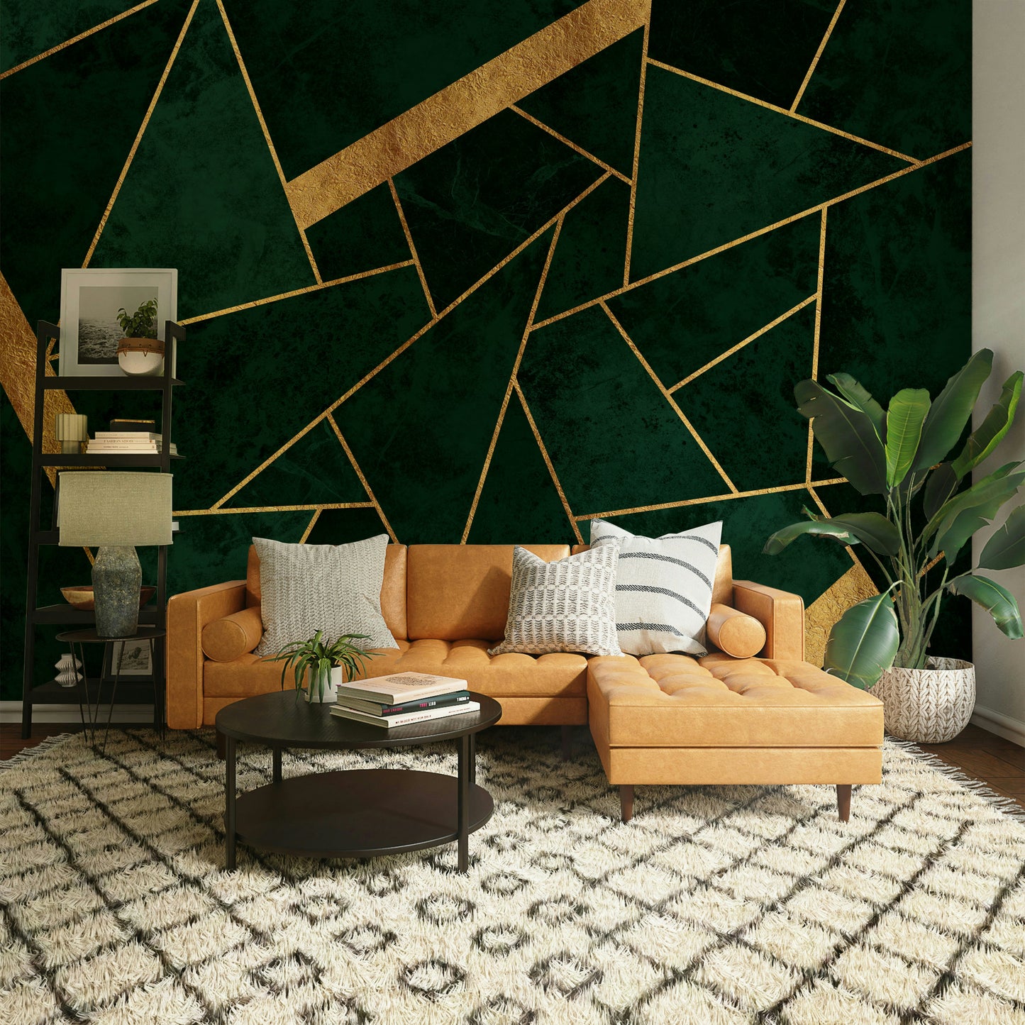 Dark Green Emerald and Gold Mosaic Wall Mural