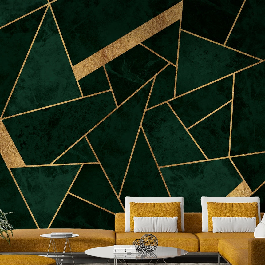 Dark Green Emerald and Gold Mosaic Wall Mural