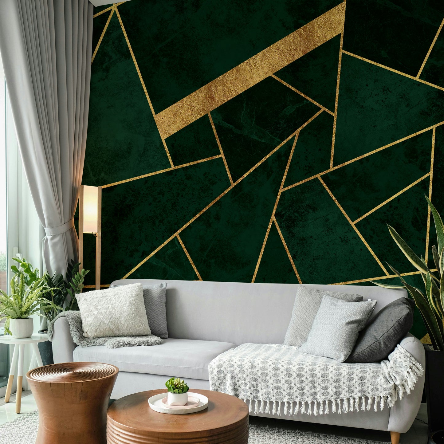 Dark Green Emerald and Gold Mosaic Wall Mural