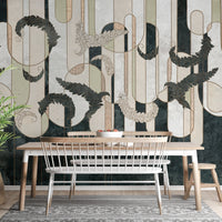 Elegant green wallpaper featuring baroque-style feathers.