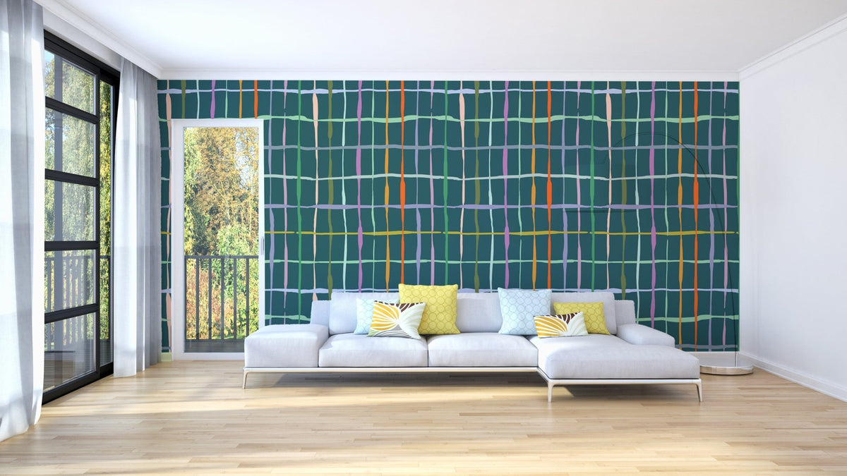 Handdrawn lines wall mural in rich dark green, AN113