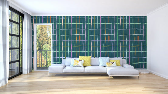 Handdrawn lines wall mural in rich dark green, AN113