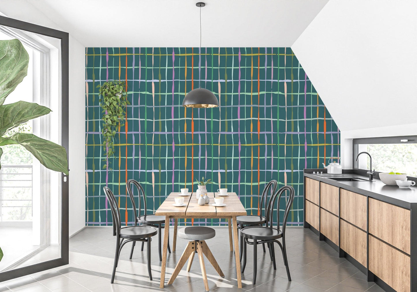 Abstract handdrawn lines wallpaper in deep green tones

