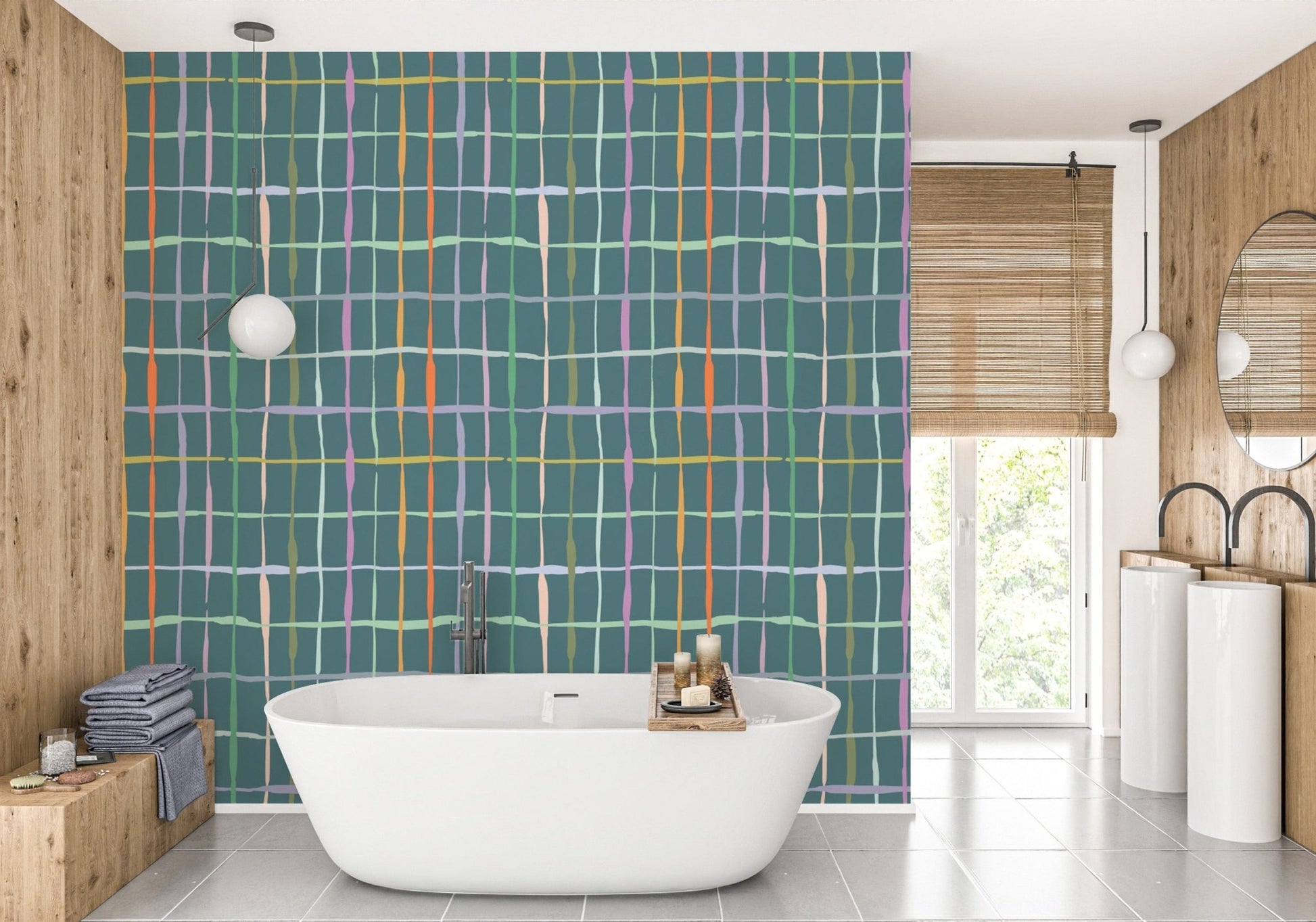 Elegant handdrawn lines wallpaper in dark green
