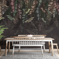 Elegant dark hanging tropical leaves wallpaper mural