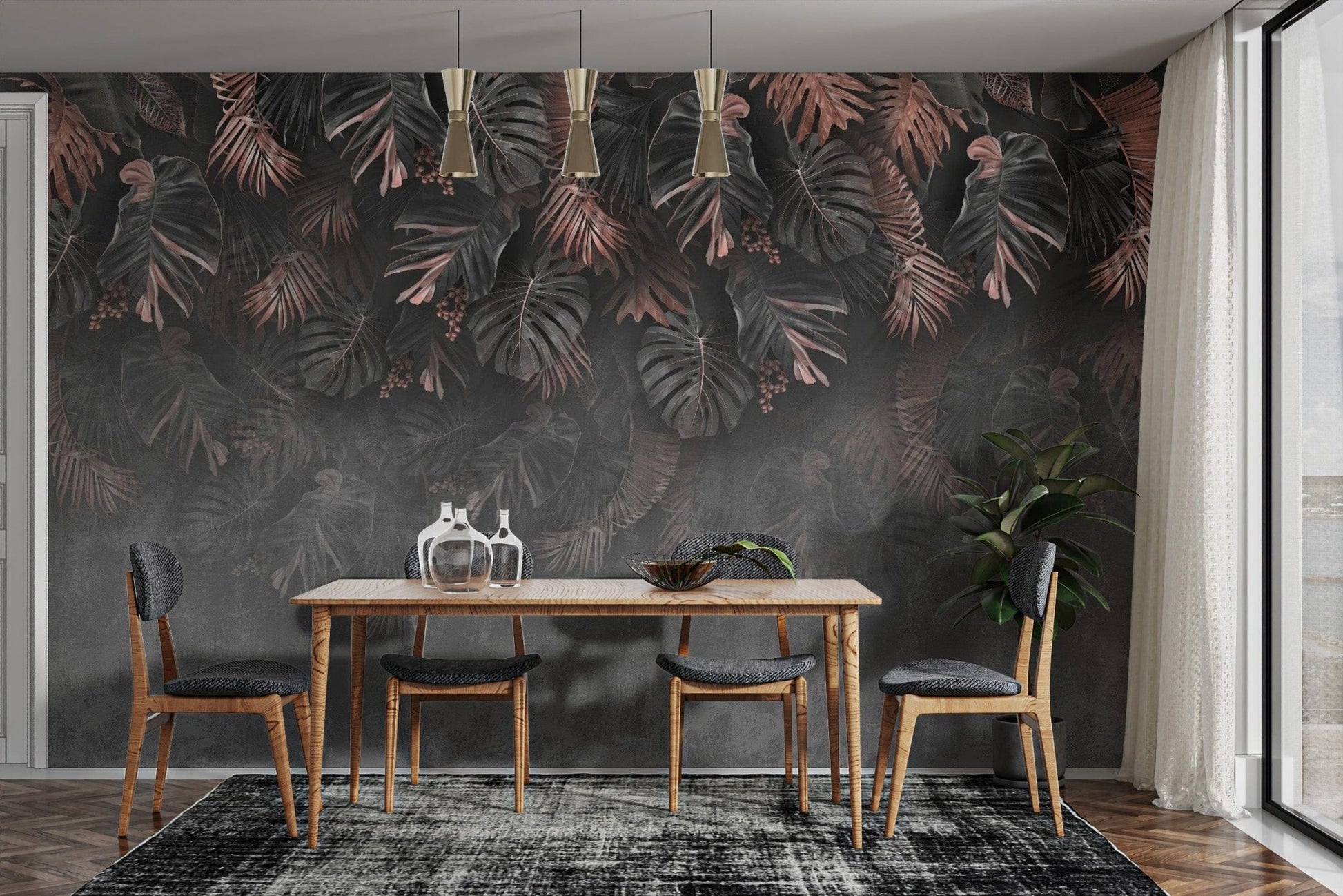 Dark tropical leaves wallpaper mural design
