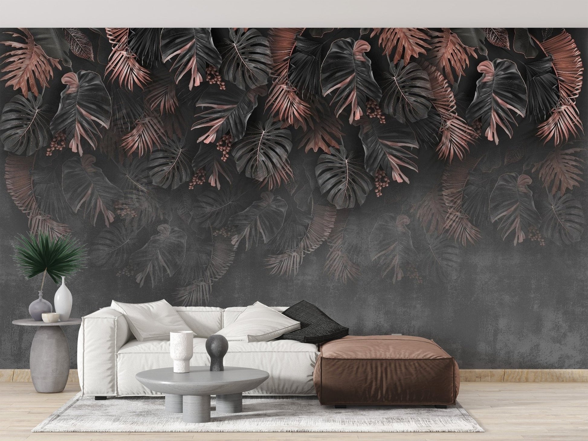 Monstera and palm mural in deep shades
