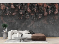 Monstera and palm mural in deep shades

