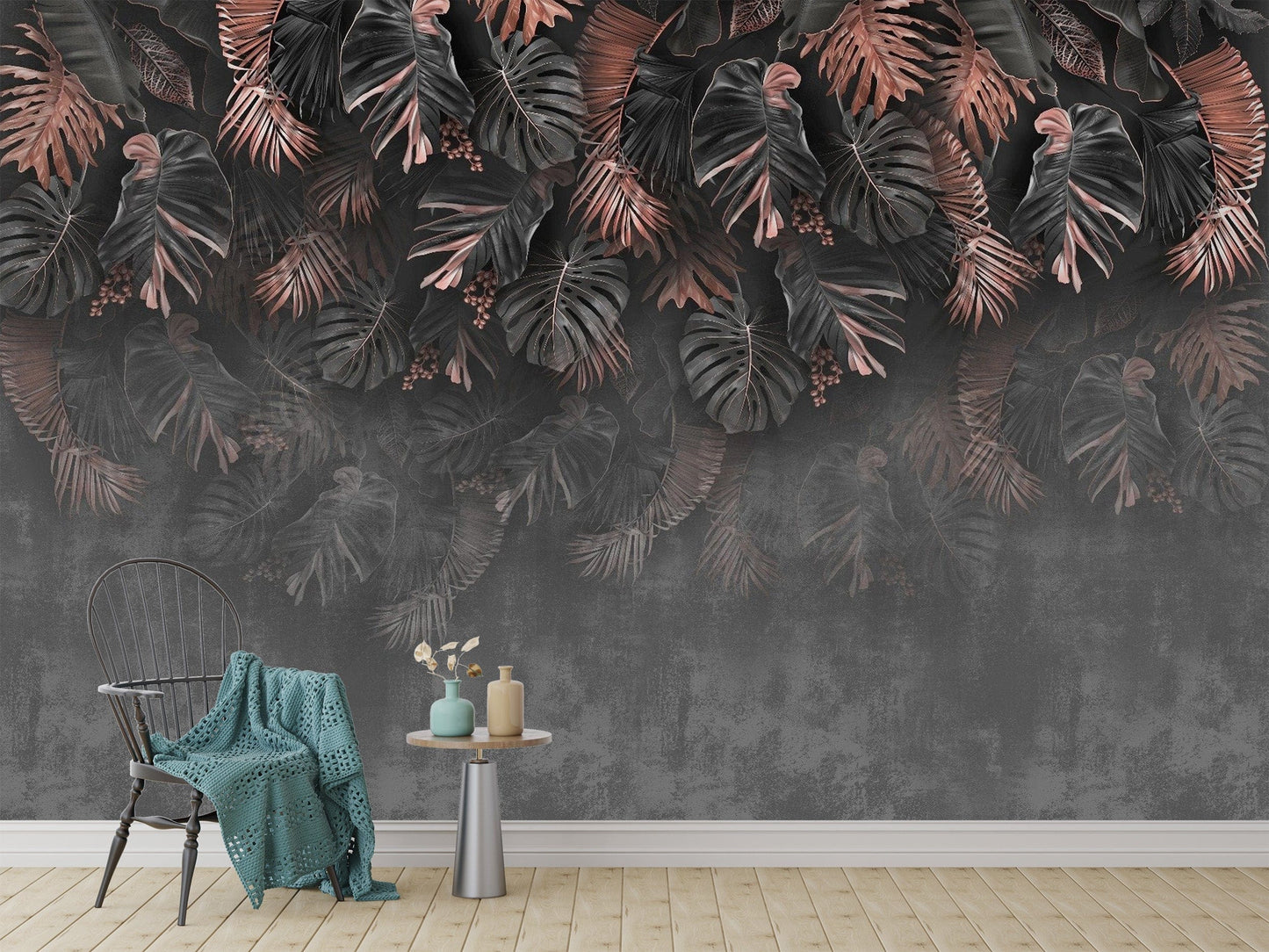 Tropical foliage mural in muted shades

