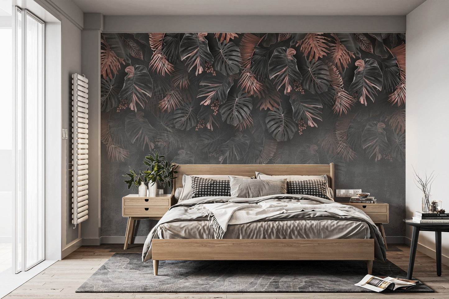 Hanging leaves mural with dark tones
